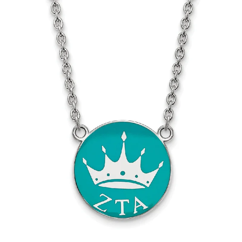 Sterling Silver Zeta Tau Alpha Large Enamel Crown Disc Necklace