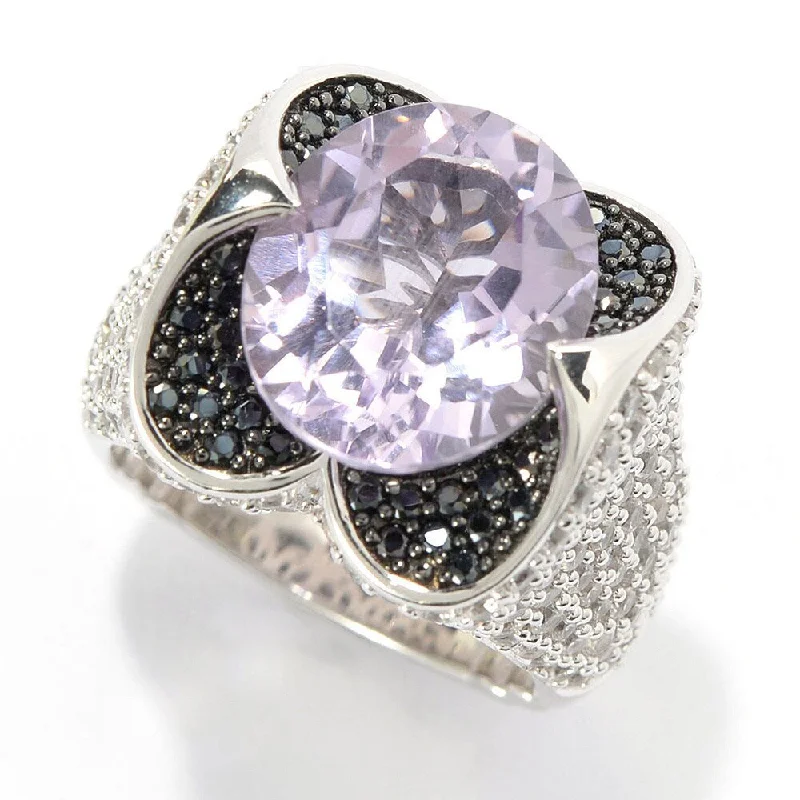 Sterling Silver 9.31ct Oval Pink Amethyst White Zircon and Black Spinel Ring