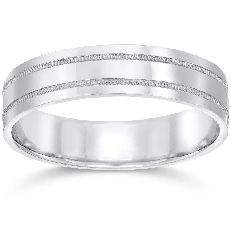 10k White Gold Mens Band 5mm High Polished Doulbe Milgrain Wedding Ring