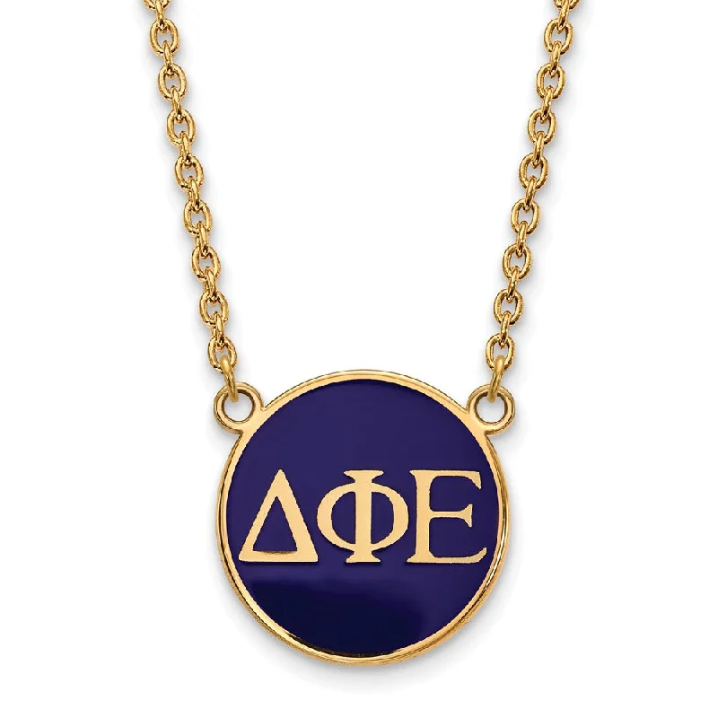 14K Plated Silver Delta Phi Epsilon Large Blue Enamel Disc Necklace