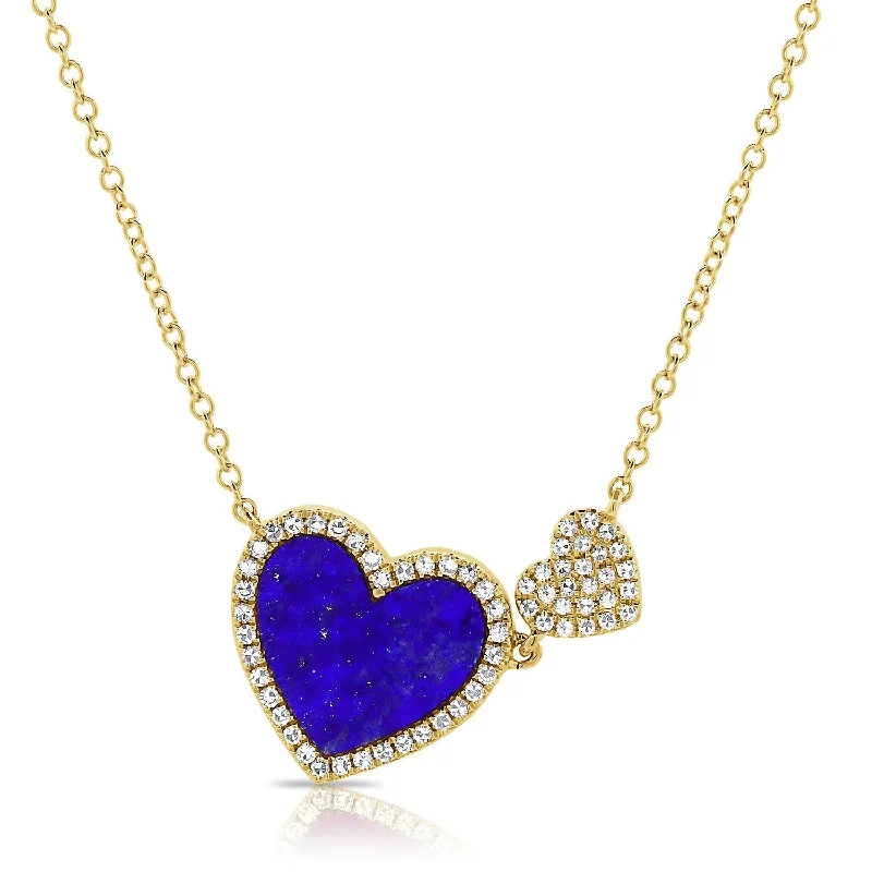 14K GOLD DIAMOND YARDENA LAPIS DOUBLE HEART NECKLACE