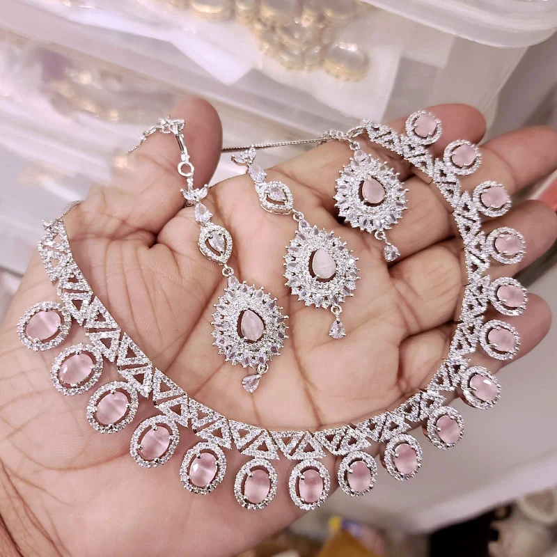 Pakistani AD Choker Necklace Eareings Set with Maangtika American Diamond for Wedding Occasions