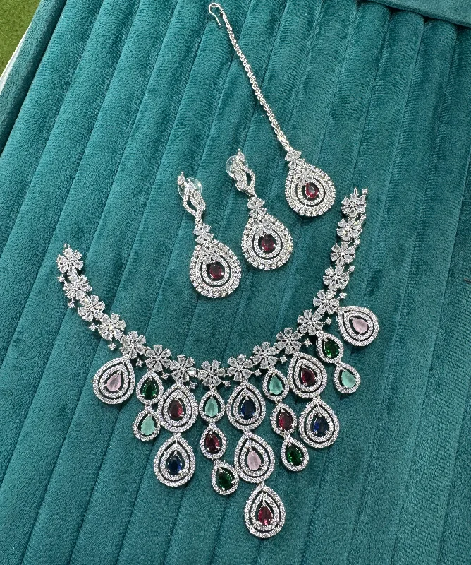 Elegant AD Choker Necklace Set with Maangtika American Diamond Perfect for Engagement and  Weddings