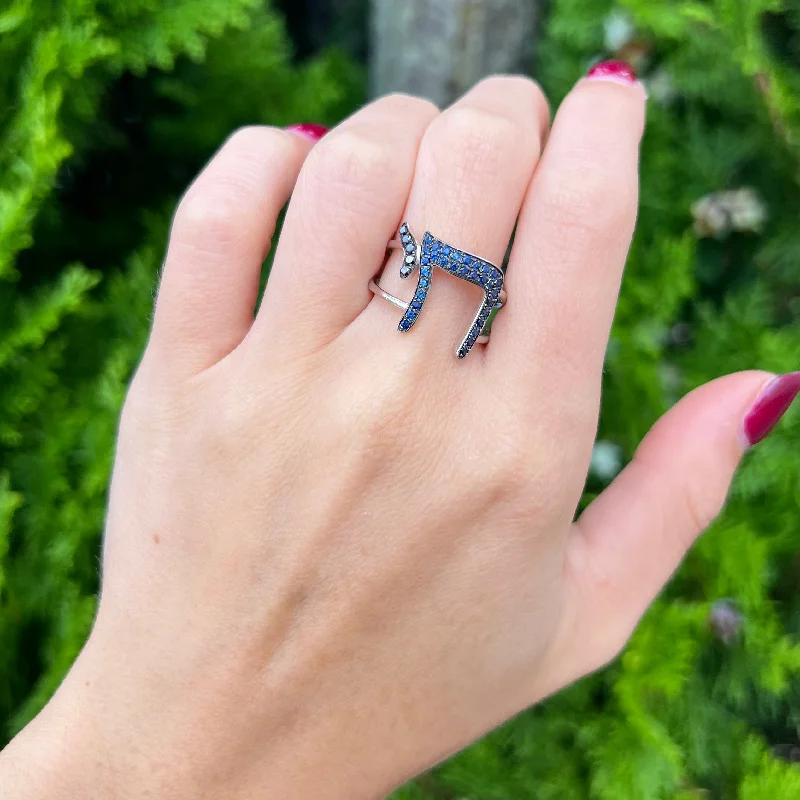 14K GOLD BLACK DIAMOND AND SAPPHIRE CHAI RING