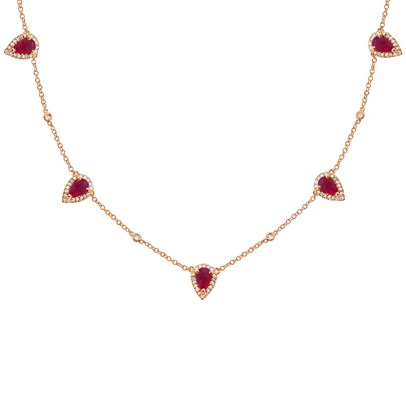 14K GOLD DIAMOND AND RUBY CLEO TEARDROP NECKLACE