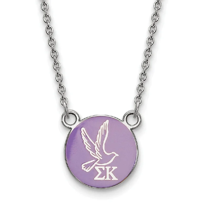 Sterling Silver Sigma Kappa Small Lavender Enamel Dove Disc Necklace