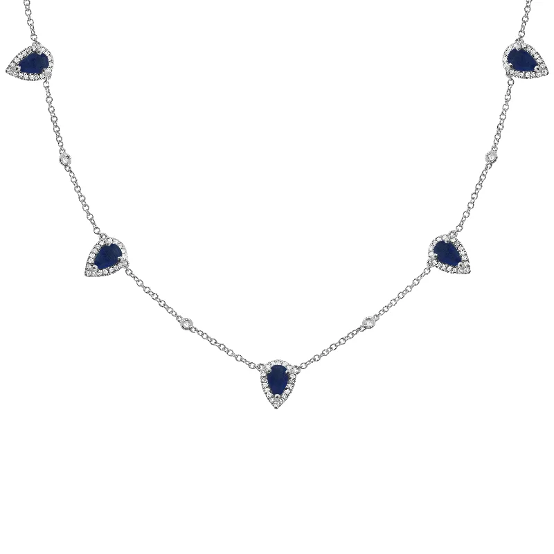 14K GOLD DIAMOND BLUE SAPPHIRE CLEO TEARDROP NECKLACE