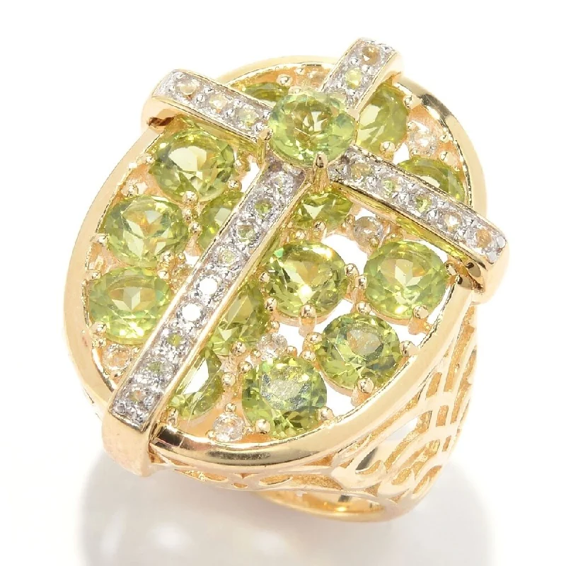 18K Yellow Gold Over Silver 4.9Ctw Peridot & White Topaz Cross Cluster Ring