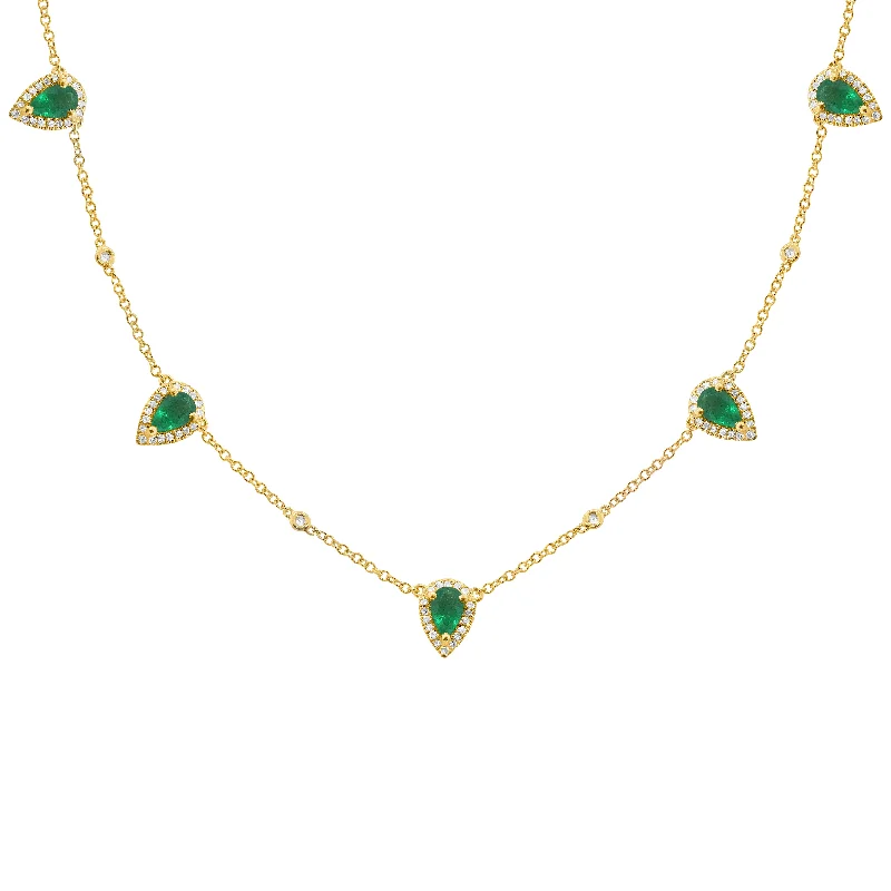 14K GOLD DIAMOND AND EMERALD CLEO TEARDROP NECKLACE