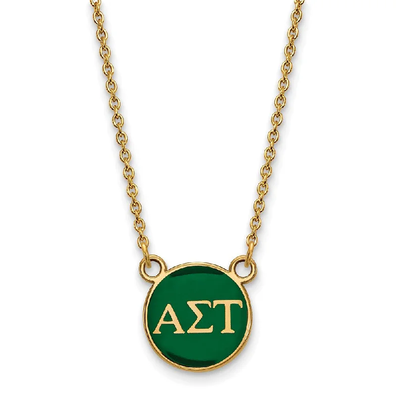 14K Plated Silver Alpha Sigma Tau Small Green Enamel Disc Necklace