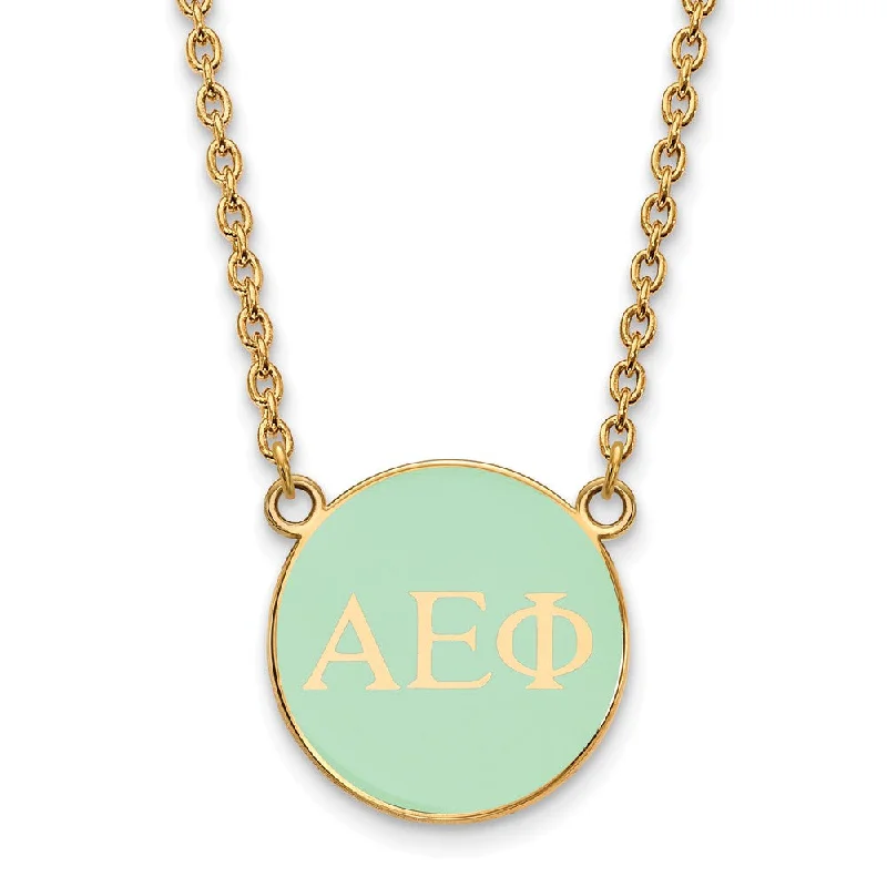 14K Plated Silver Alpha Epsilon Phi Small Aqua Enamel Disc Necklace