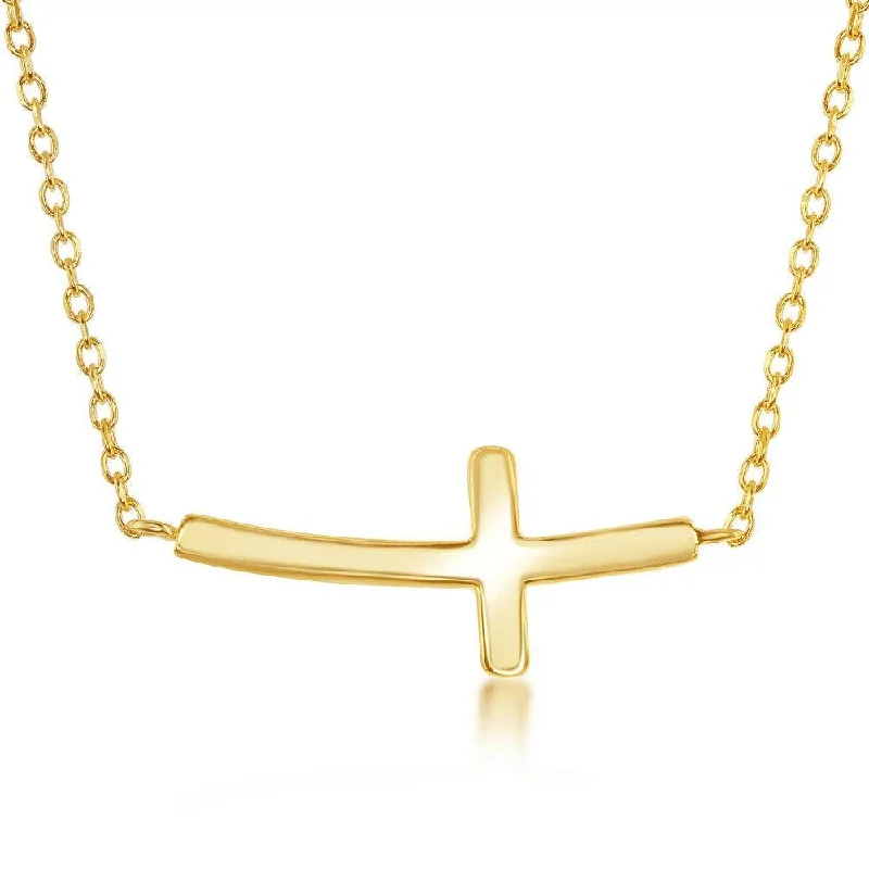 Sterling Silver Gold Plated Curved Sideways Cross Necklace