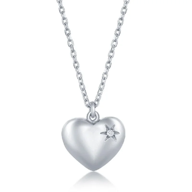 Sterling Silver Diamond Puffed Heart Necklace