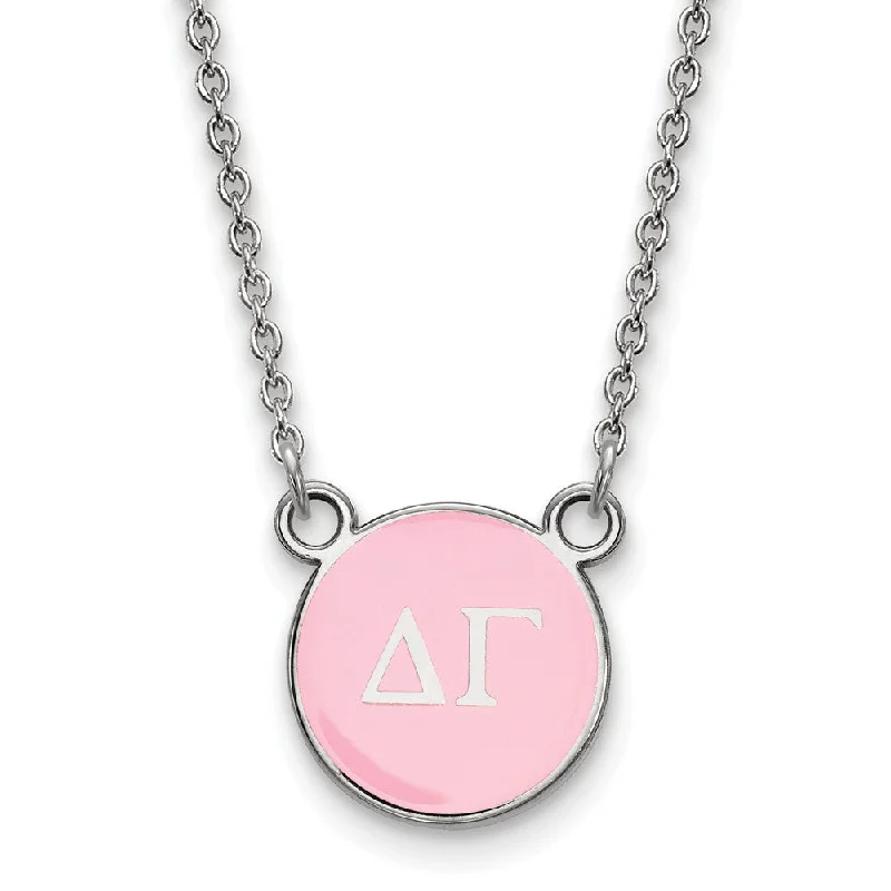 Sterling Silver Delta Gamma Small Pink Enamel Disc Necklace