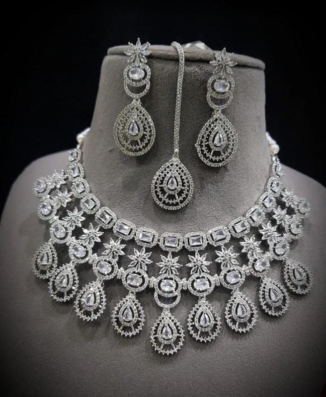 Stunning CZ Necklace Set with Maangtika American Diamond AD Design Perfect for Weddings and Engagements