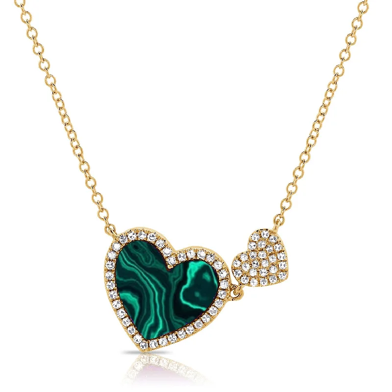 14K GOLD DIAMOND YARDENA MALACHITE DOUBLE HEART NECKLACE